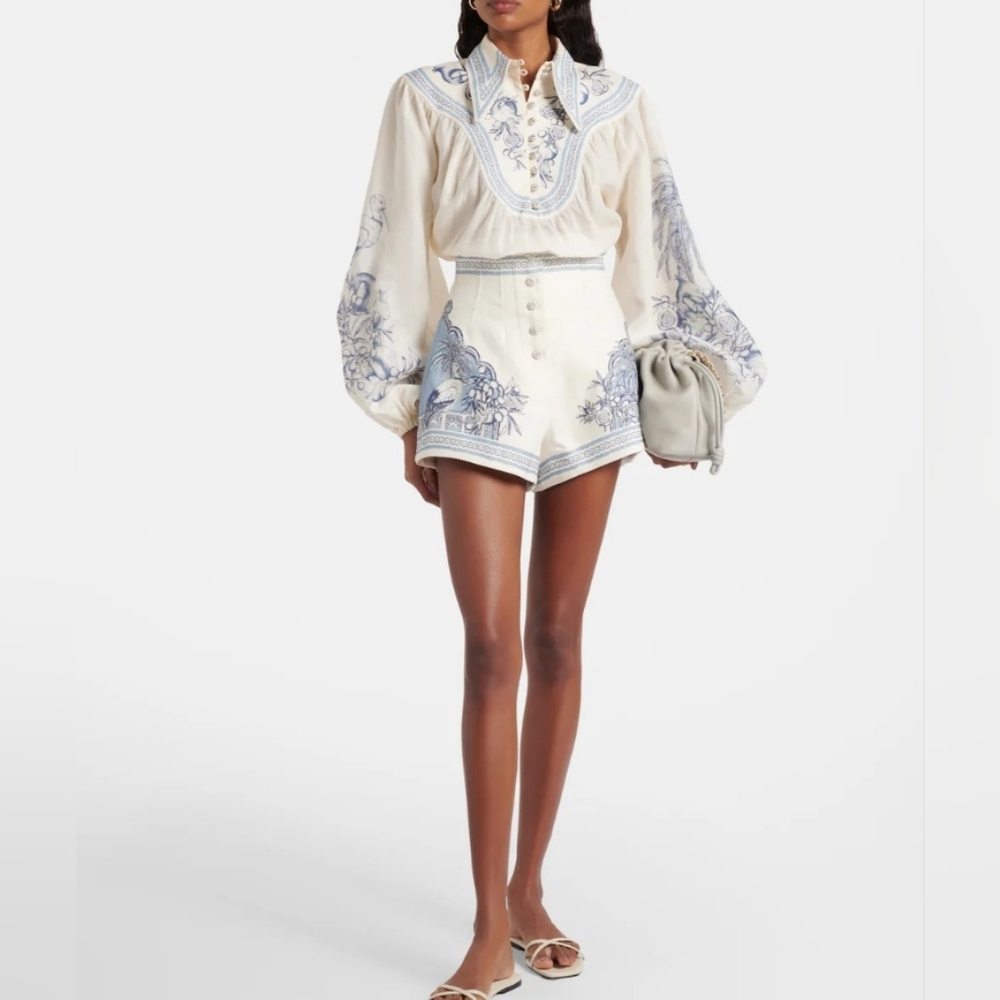 Alemais Cream and Light Blue Printed Peasant Blouse - Picture 4 of 8